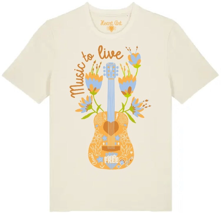 Camiseta de algodón orgánico en color natural raw, modelo Guitarra