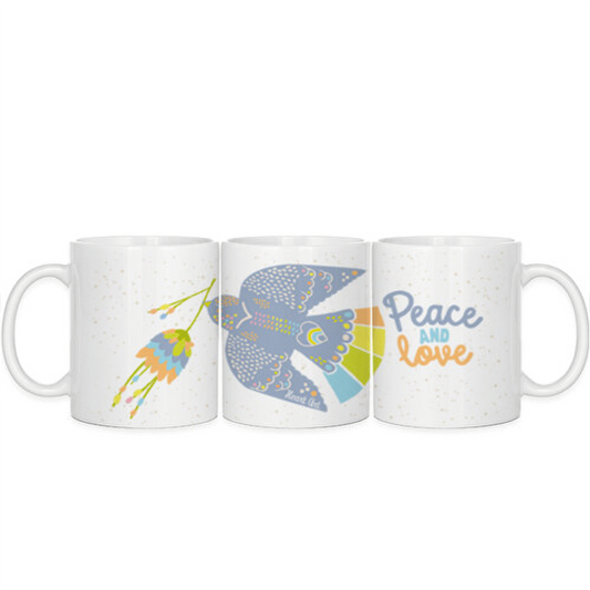 Taza de desayuno blanca modelo Paz y amor.